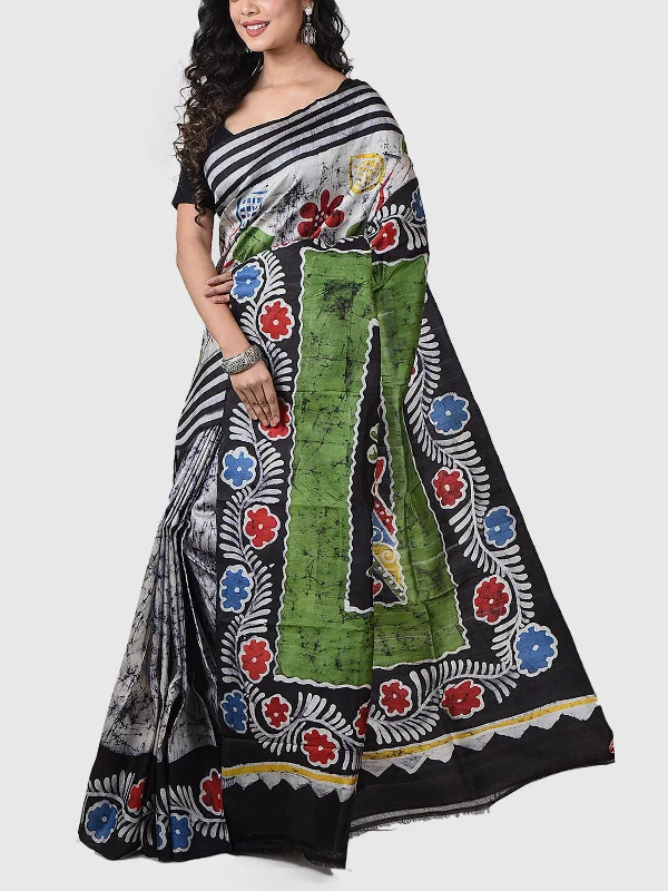 Handwoven Hand Batik Pure Silk Saree with Blouse Piece Off White Sweetheart Neck Blouse