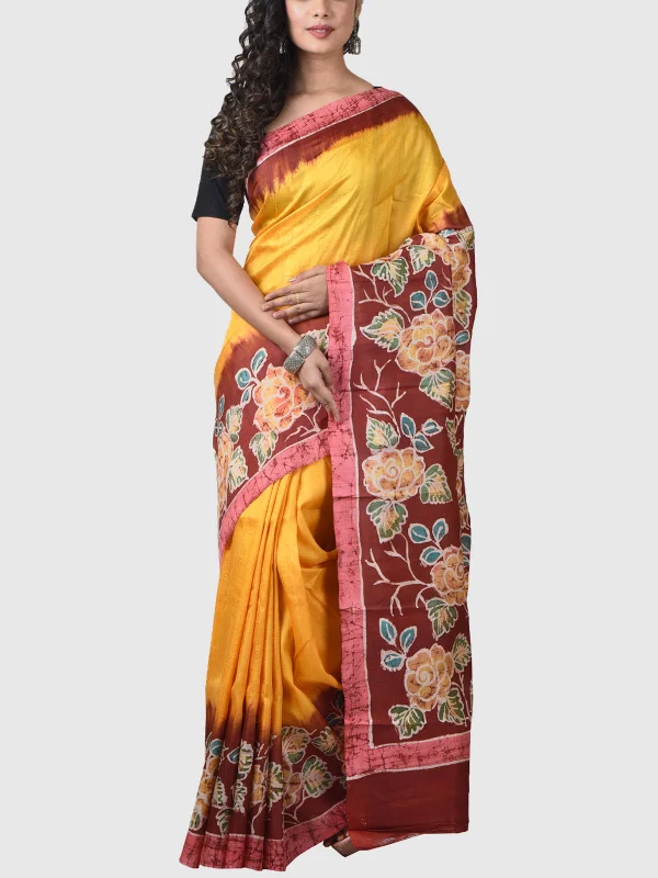 Handwoven Silk Saree with  Blouse Piece Yellow Brown Delicate Pleat Blouse