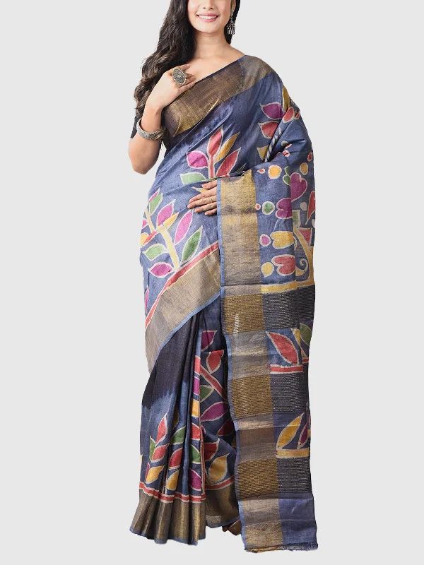 Hand Batik Tussar Silk Saree with  Blouse Piece Blue And Black Ruched Sleeve Blouse