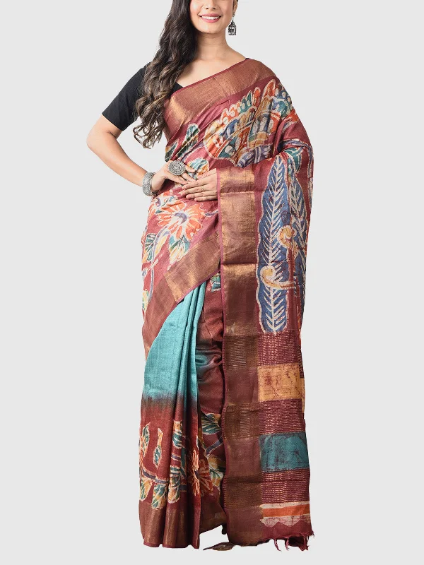 Handwoven Tussar Silk Saree with Blouse Piece Blue Sheer Sleeve Blouse