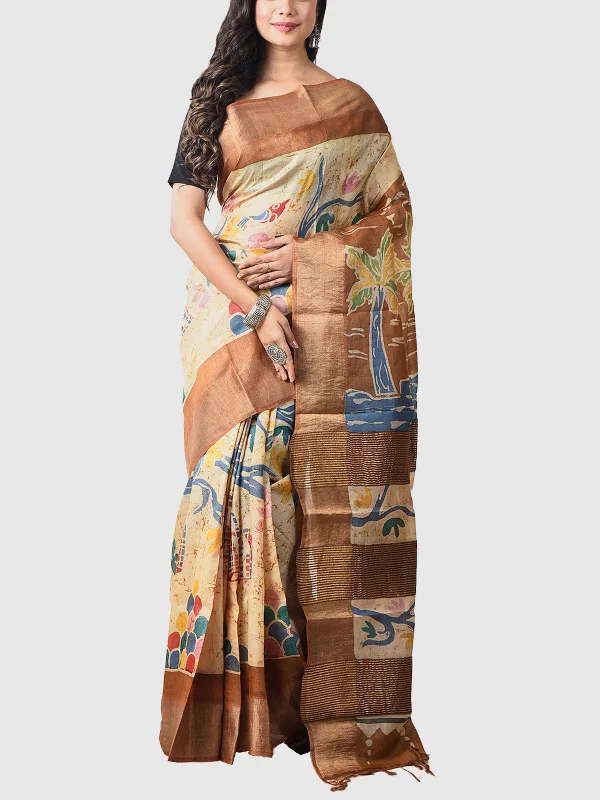 Hand Batik Tussar Silk Saree with Blouse Piece  Cream with Brown 1 Smart Business Blouse