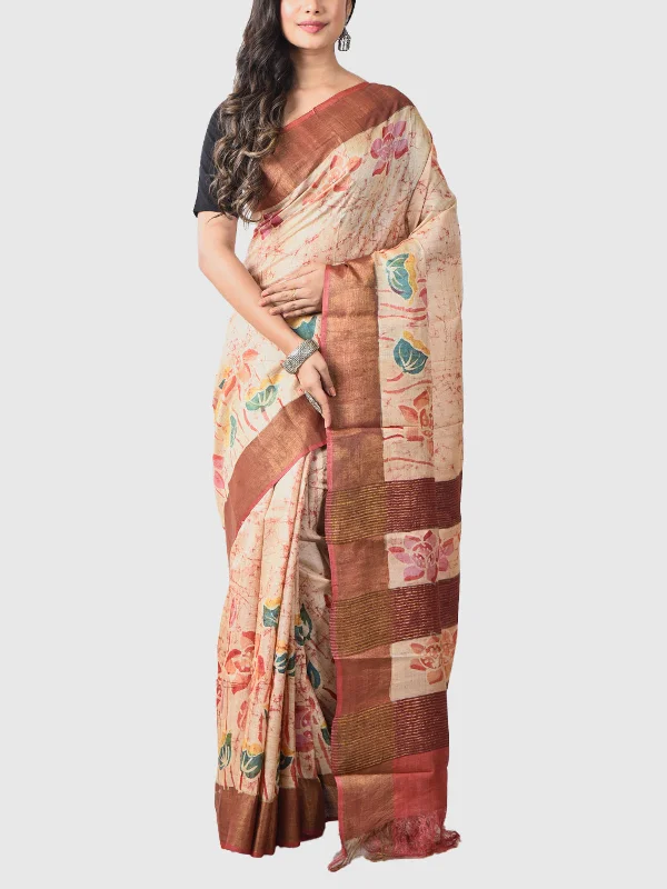 Handwoven Tussar Silk Saree with Blouse Piece Asymmetric Hem Blouse