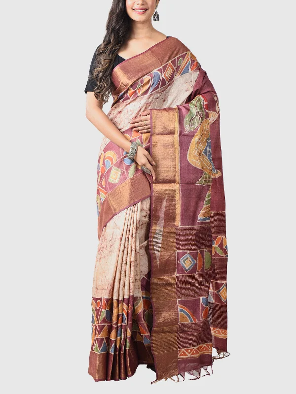 Hand Batik Tussar Silk Saree with Blouse Piece  Purple with Cream Satin Drape Blouse