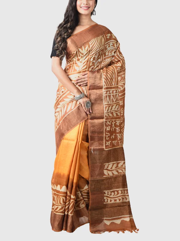 Handwoven Silk Saree with Blouse Piece Yellow with Beige Embellished Collar Blouse