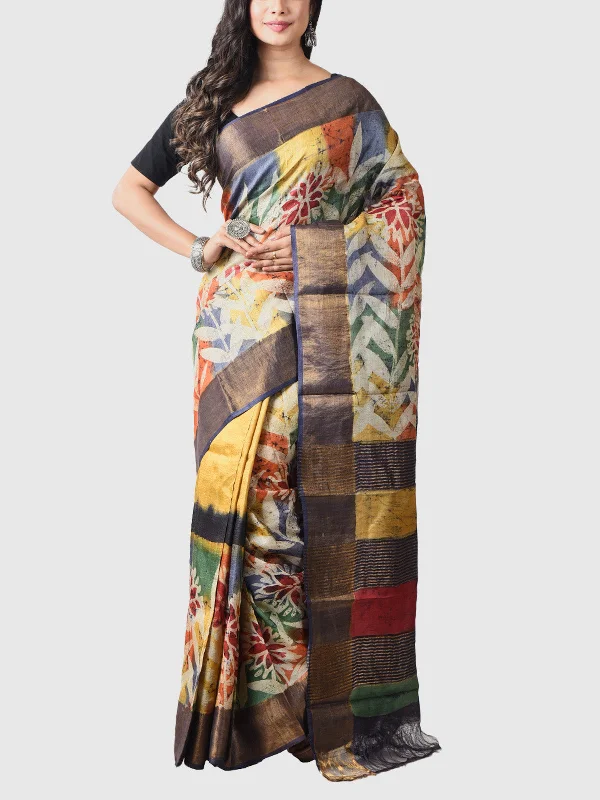 Handwoven Tussar Silk Saree with Blouse Piece Yellow Flowy Bohemian Blouse