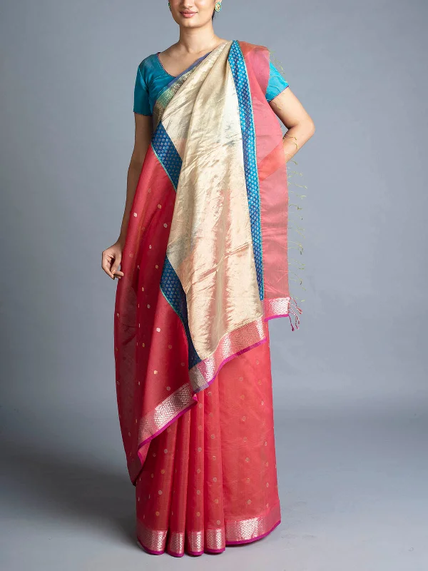 Handwoven Maheshwari Saree Orange With Blouse Piece Elegant Semi-Sheer Blouse