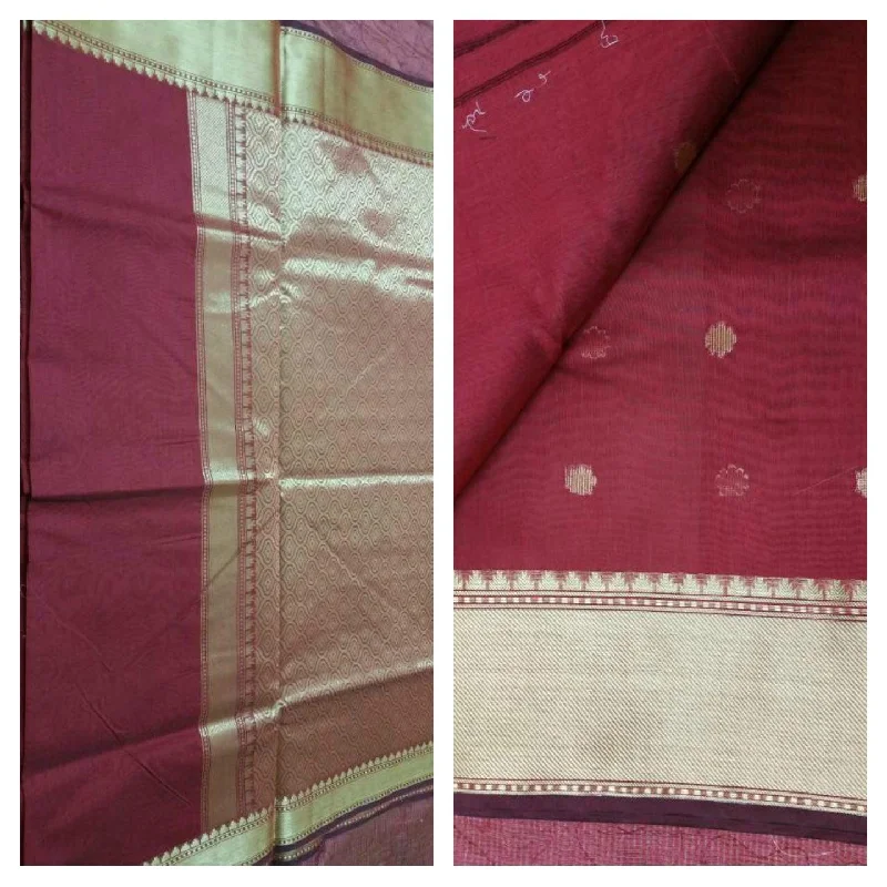 Maroon Banarasi Cotton Silk Saree with Running Blouse Fabric BS19 Ruffled Neck Blouse Maroon Banarasi Cotton Silk Saree with Running Blouse Fabric BS19 Ruffled Neck Blouse