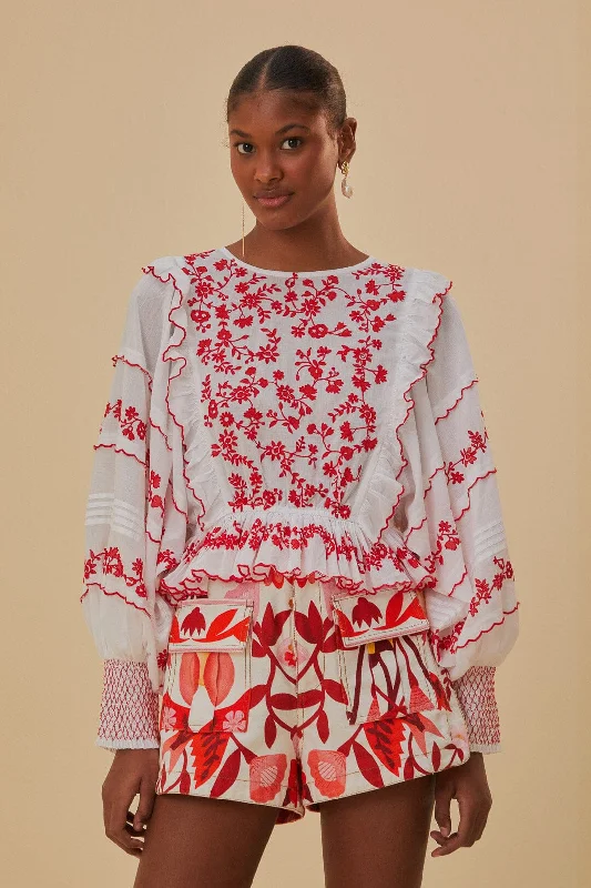 Off White With Red Embroidery Long Sleeve Blouse Vintage Polka Blouse