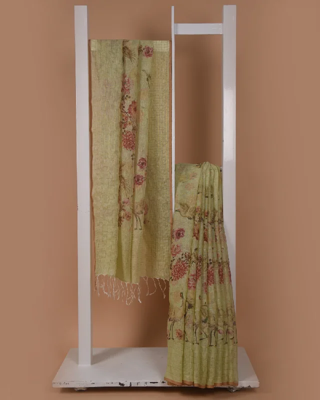Pastel Green Pure Linen Print With Woven Saree With Linen Blouse Ruched Sleeve Blouse Pastel Green Pure Linen Print With Woven Saree With Linen Blouse Ruched Sleeve Blouse