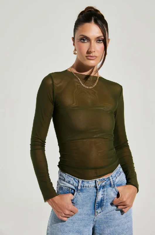 PAXTON RAW HEM LONG SLEEVE MESH TEE IN OLIVE Fleece Fabric Down Fabric Feather Fabric PAXTON RAW HEM LONG SLEEVE MESH TEE IN OLIVE Fleece Fabric Down Fabric Feather Fabric