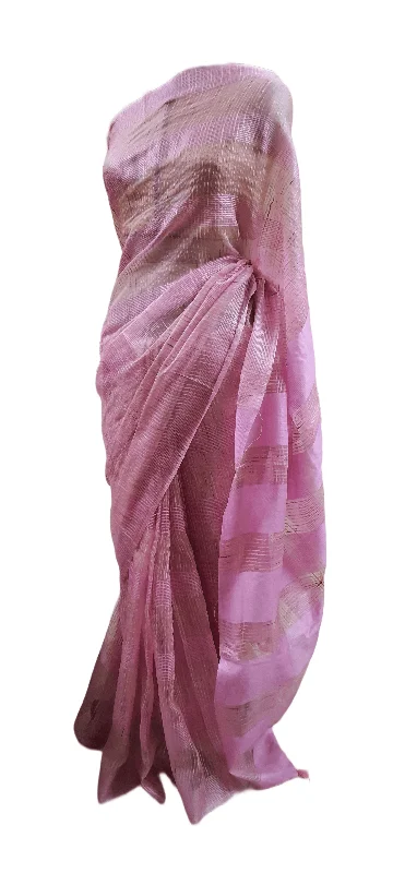 Pink Katan Ghicha Saree with Pure Ikkat Silk Blouse KG10 Feminine Ruffle Blouse