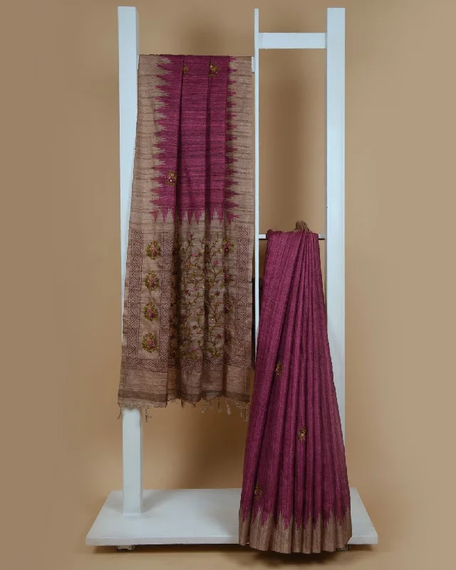 Purple Silk Cotton Blend Embroidered Saree With Silk Cotton Blouse Puff Sleeve Blouse Purple Silk Cotton Blend Embroidered Saree With Silk Cotton Blouse Puff Sleeve Blouse