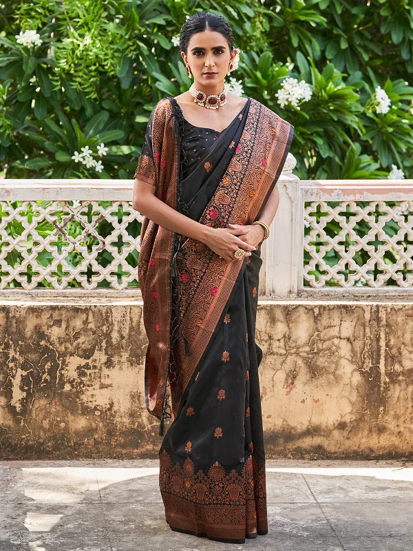 [Ready SG Stock] - Beautiful Black Banarasi Silk Woven Contrast Floral Design Saree with attached Blouse Material - Indian saree Textured Cotton Blouse