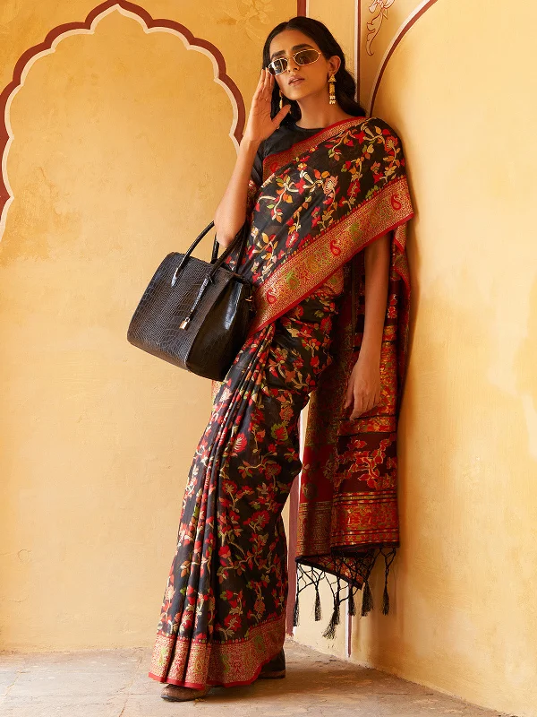 [Ready SG Stock] Black Chanderi Silk Pashmina Saree with attached Blouse Material - Indian saree Sheer Sleeve Blouse