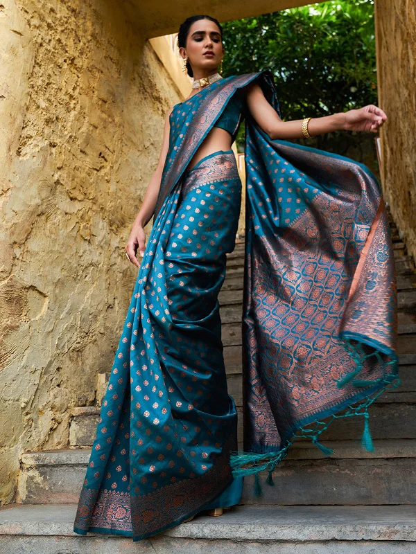 [Ready SG Stock] Blue Banarasi Silk Woven Ethnic Motifs Saree with attached Blouse Material - Indian saree Lightweight Chiffon Blouse