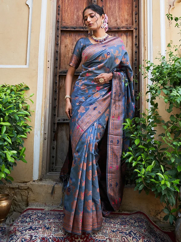 [Ready SG Stock] Gray Banarasi Silk Floral Saree with attached Blouse Material - Indian saree Versatile Layering Blouse