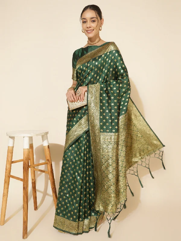[Ready SG Stock] Green Banarasi Silk Ethnic Motifs Saree with attached Blouse Material - Indian saree Feminine Satin Blouse