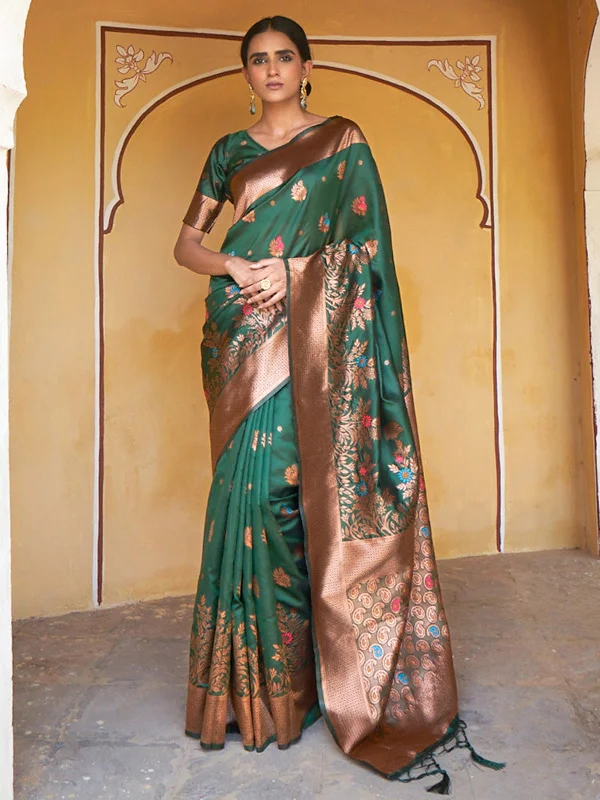 [Ready SG Stock] Green Banarasi Silk Woven Dual Tone Floral Design Saree with attached Blouse Material - Indian saree Soft Modal Blouse