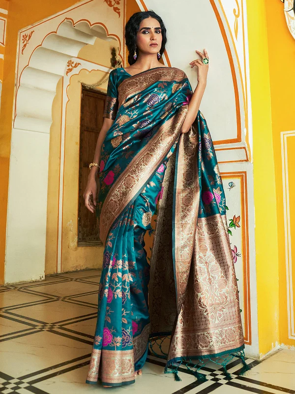 [Ready SG Stock] Green Cotton Silk Woven Ethnic Motifs Saree with attached Blouse Material - Indian saree Pastel Color Blouse