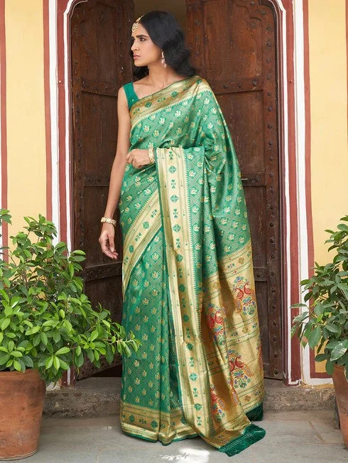 [Ready SG Stock] Green Paithani Silk Woven Ethnic Motifs Saree with attached Blouse Material - Indian saree Stylish Wrap Blouse