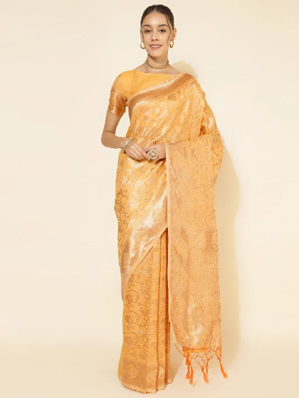 [Ready SG Stock] Light Yellow Chanderi Silk Woven Ethnic Motifs Saree with attached Blouse Material - Indian saree Gathered Detail Blouse