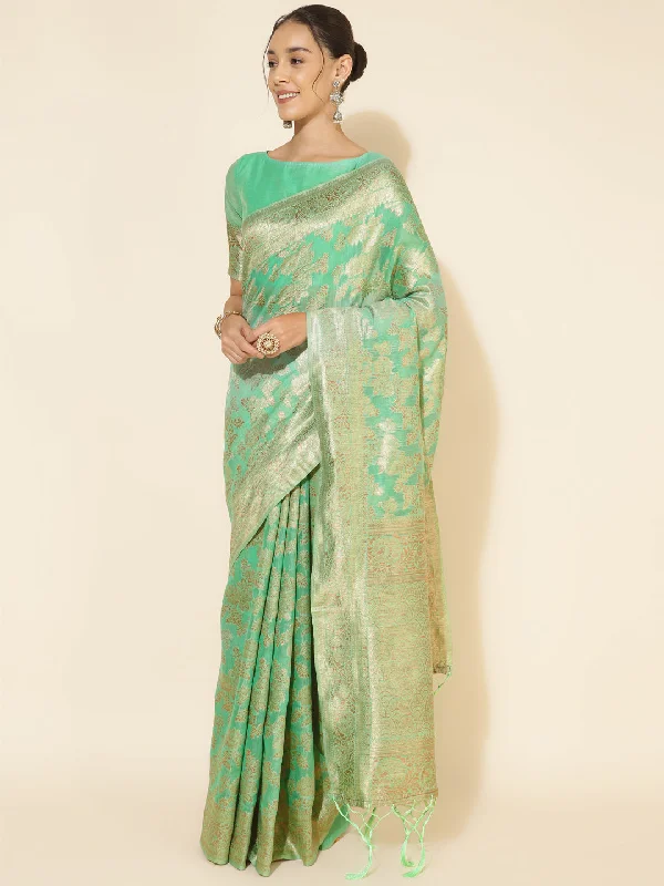 [Ready SG Stock] Sea Green Chanderi Silk Floral Saree with attached Blouse Material - Indian saree Sheer Sleeve Blouse