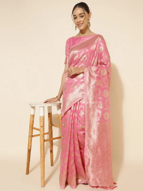 [Ready SG Stock] Pink Chanderi Silk Floral Saree with attached Blouse Material - Indian saree Smart Business Blouse
