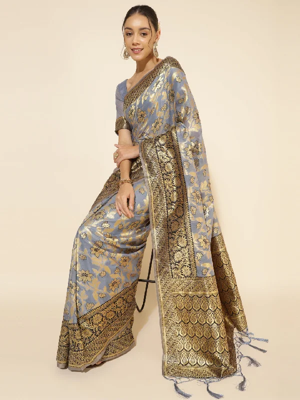 [Ready SG Stock] Grey Chanderi Silk Floral Saree with attached Blouse Material - Indian saree Casual Relaxed Fit Blouse