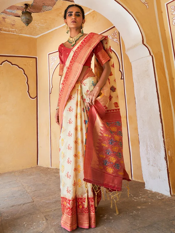 [Ready SG Stock] Ivory Cotton Silk Woven Ethnic Motifs Saree with attached Blouse Material - Indian saree Satin Bow Blouse