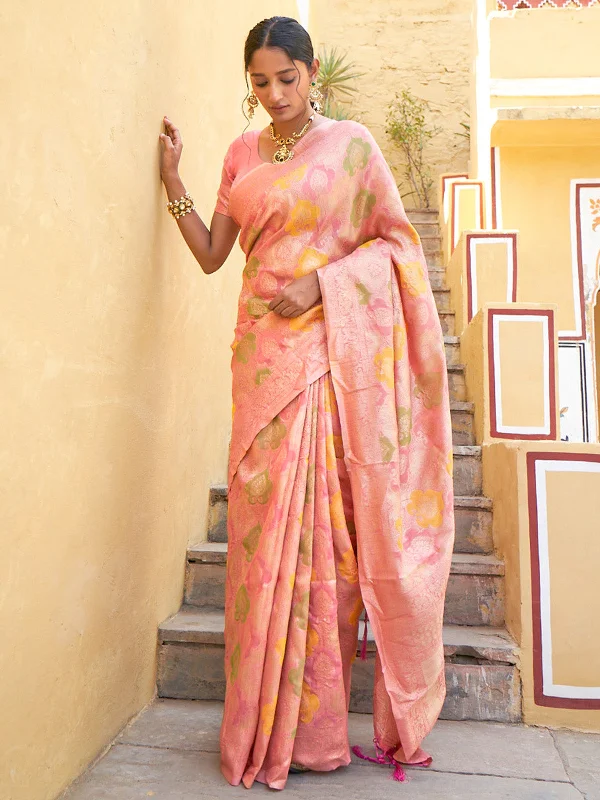 [Ready SG Stock] Light Pink Chanderi Silk Floral Saree with attached Blouse Material - Indian saree Lightweight Chiffon Blouse