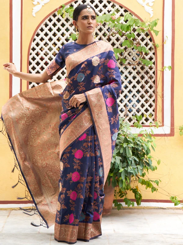 [Ready SG Stock] Navy Blue Banarasi Silk Floral Saree with attached Blouse Material - Indian saree Peter Pan Blouse