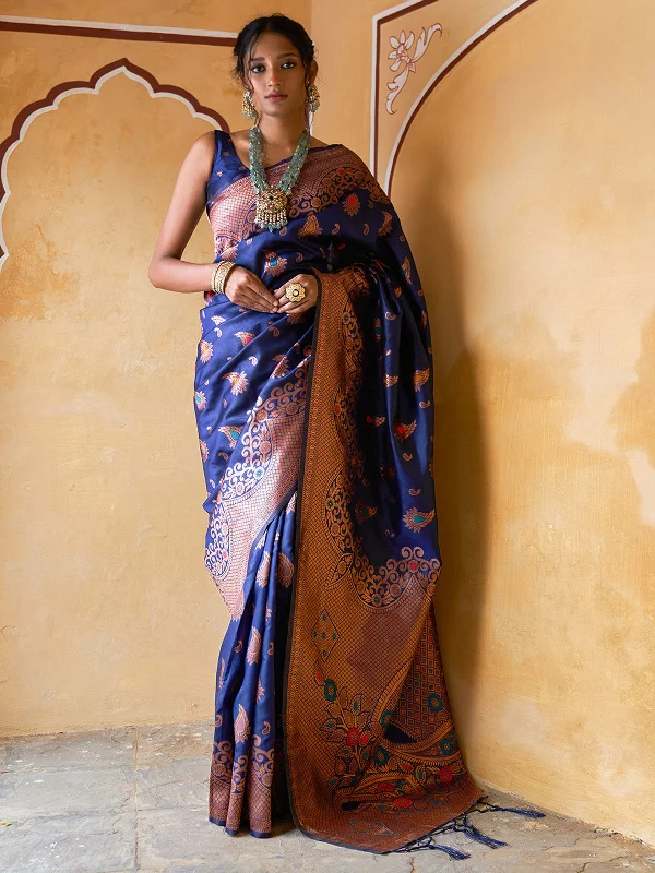 [Ready SG Stock] Navy Blue Banarasi Silk Paisley Saree with attached Blouse Material - Indian saree Asymmetric Hem Blouse