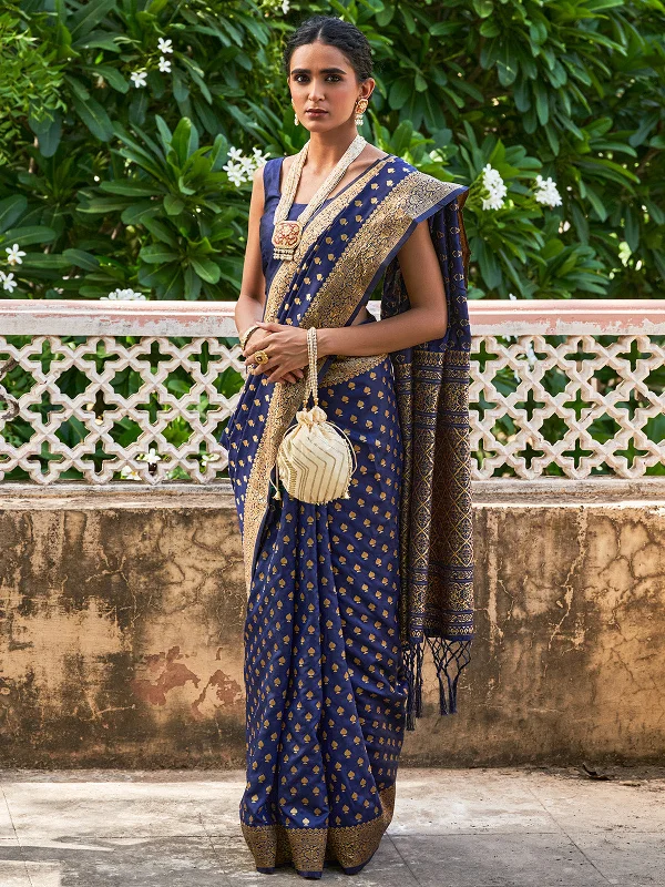 [Ready SG Stock] Navy Blue Banarasi Silk Woven Ethnic Motifs Saree with attached Blouse Material - Indian saree Floral Print Blouse