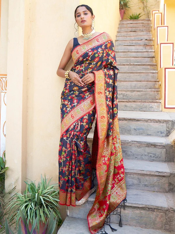 [Ready SG Stock] Navy Blue Chanderi Silk Pashmina Saree with attached Blouse Material - Indian saree Smart Business Blouse