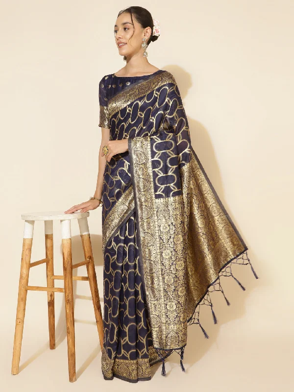 [Ready SG Stock] Navy Blue Chanderi Silk Unique Woven Geometric Motifs Saree with attached Blouse Material - Indian saree Satin Bow Blouse