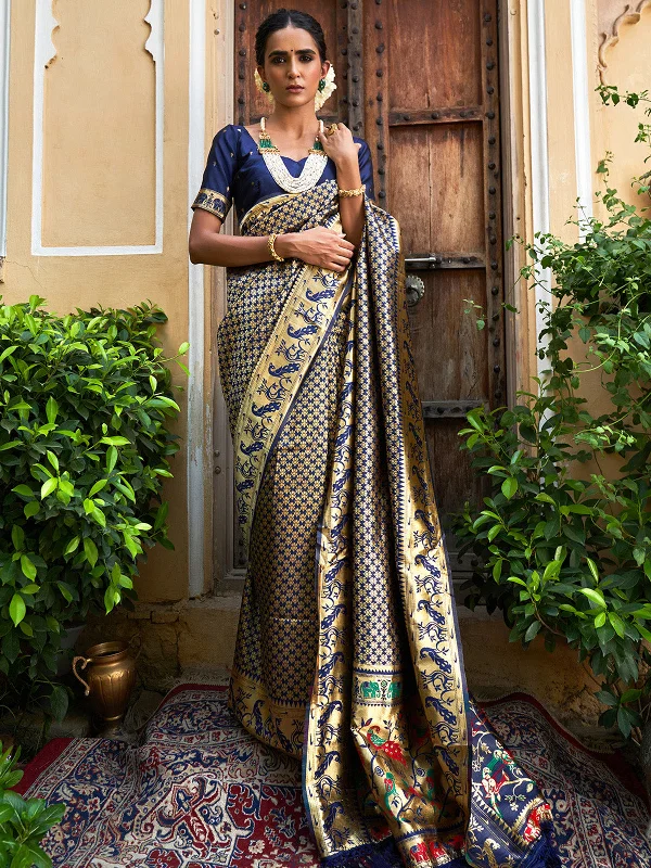 [Ready SG Stock] Navy Blue Paithani Silk Woven Ethnic Motifs Saree with attached Blouse Material - Indian saree Relaxed Fit Blouse