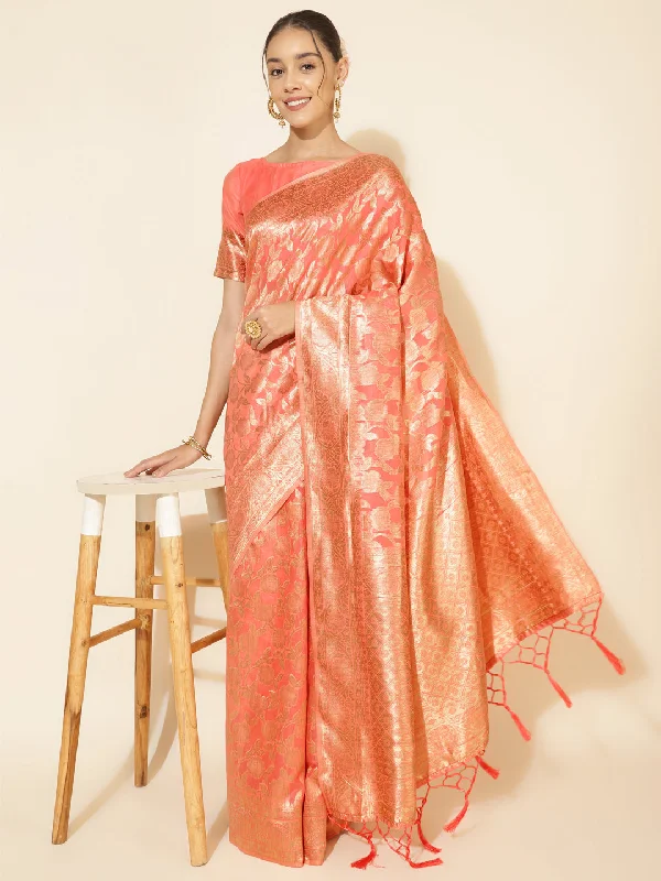 [Ready SG Stock] Peach Chanderi Silk Floral Saree with attached Blouse Material - Indian saree Backless Summer Blouse