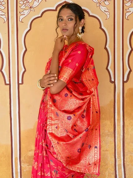 [Ready SG Stock] Pink Banarasi Silk Floral Saree with attached Blouse Material - Indian saree Soft Pastel Blouse