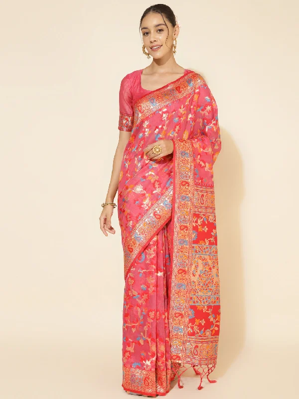 [Ready SG Stock] Pink Dual Tone Chanderi Silk Pashmina Saree with attached Blouse Material - Indian saree Delicate Pleat Blouse