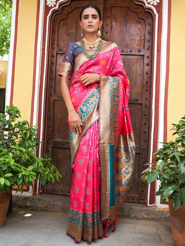[Ready SG Stock] Pink Cotton Silk Woven Ethnic Motifs Saree with attached Blouse Material - Indian saree High Neck Blouse