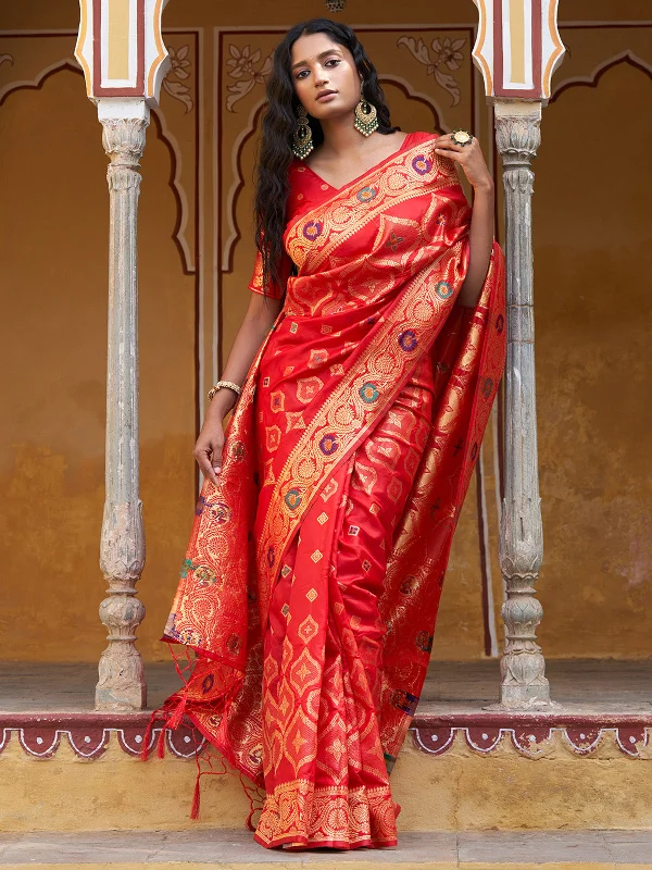 [Ready SG Stock] Red Banarasi Silk Ethnic Motifs Saree with attached Blouse Material - Indian saree Boho Chic Blouse