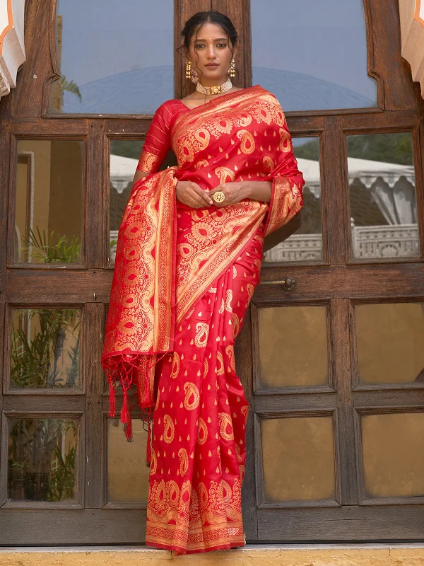 [Ready SG Stock] Red Banarasi Silk Paisley Saree with attached Blouse Material - Indian saree Embroidered Cotton Blouse