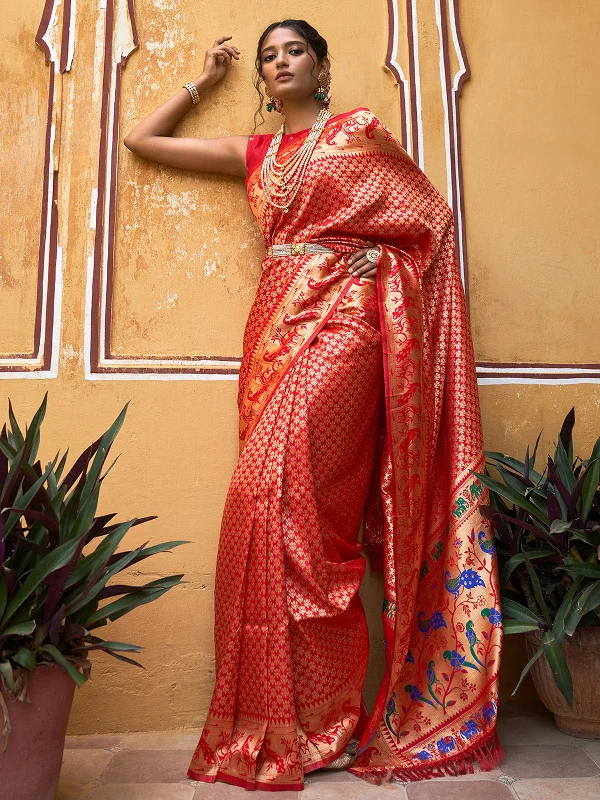 [Ready SG Stock] Red Paithani Silk Woven Ethnic Motifs Saree with attached Blouse Material - Indian saree Feminine Puff Blouse
