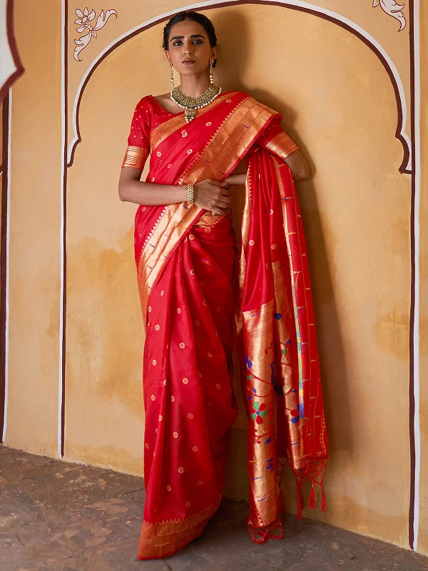 [Ready SG Stock] Red Paithani Silk Woven Ethnic Motifs Saree with attached Blouse Material - Indian saree Sweetheart Neck Blouse