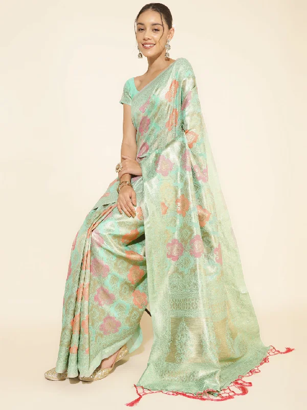 [Ready SG Stock] Sea Green Chanderi Silk Floral Saree with attached Blouse Material - Indian saree Polished Work Blouse