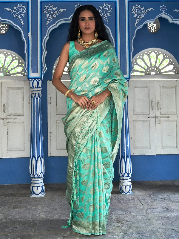 [Ready SG Stock] Sea Green Chanderi Silk Floral Saree with attached Blouse Material - Indian saree Asymmetric Hem Blouse