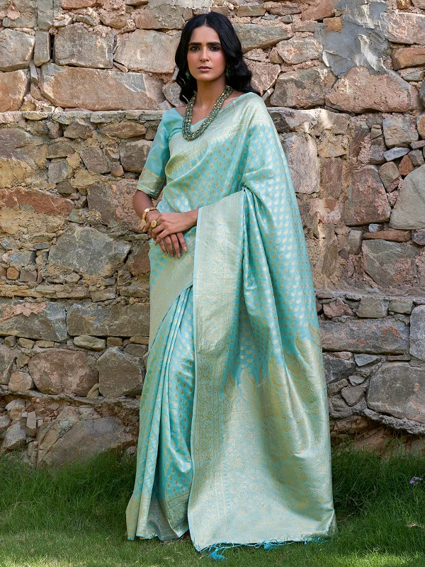 [Ready SG Stock] Sea Green Chanderi Silk Paisley Saree with attached Blouse Material - Indian saree Silky Tunic Blouse