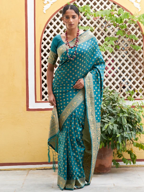 [Ready SG Stock] Teal Green Banarasi Silk Ethnic Motifs Saree with attached Blouse Material - Indian saree Stretchy Fitted Blouse