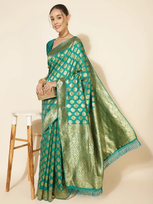 [Ready SG Stock] Turquoise Green Banarasi Silk Woven Ethnic Motif Saree with attached Blouse Material - Indian saree Drape Neck Blouse