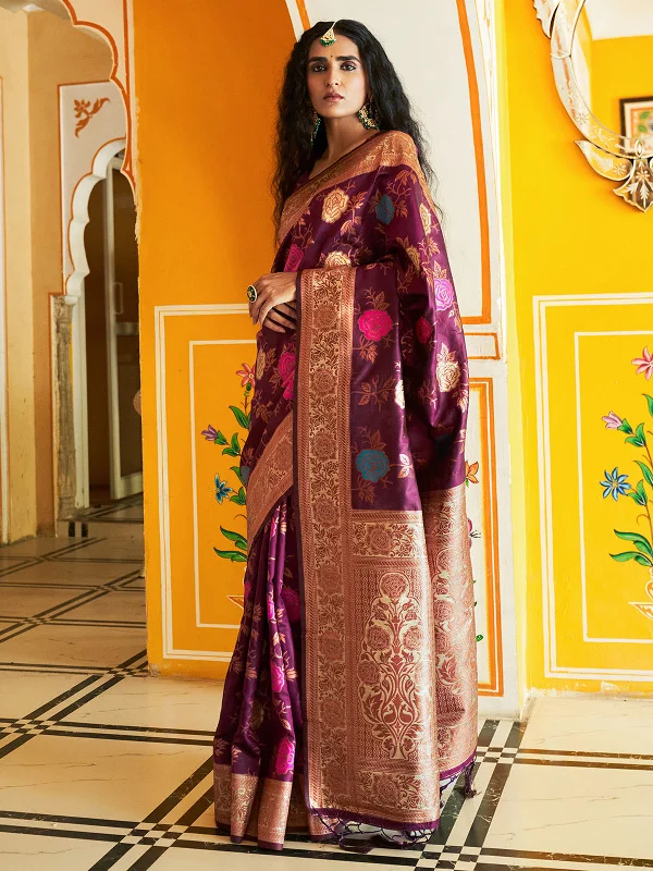 [Ready SG Stock] Wine Banarasi Silk Floral Saree with attached Blouse Material - Indian saree Loose Fit Blouse